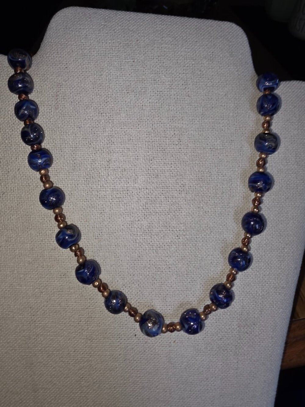 Vintage Cobalt Blue Swirl Art Glass Bead Necklace Goldstone Spacers